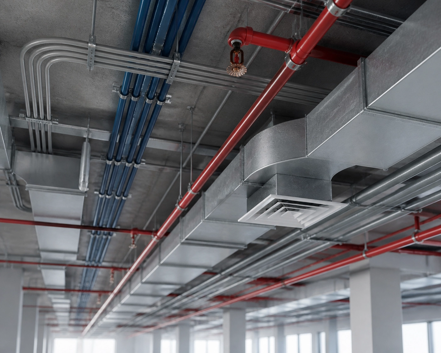 Coordinated fire suppression sprinkler pipes and MEP systems to prevent construction clashes.