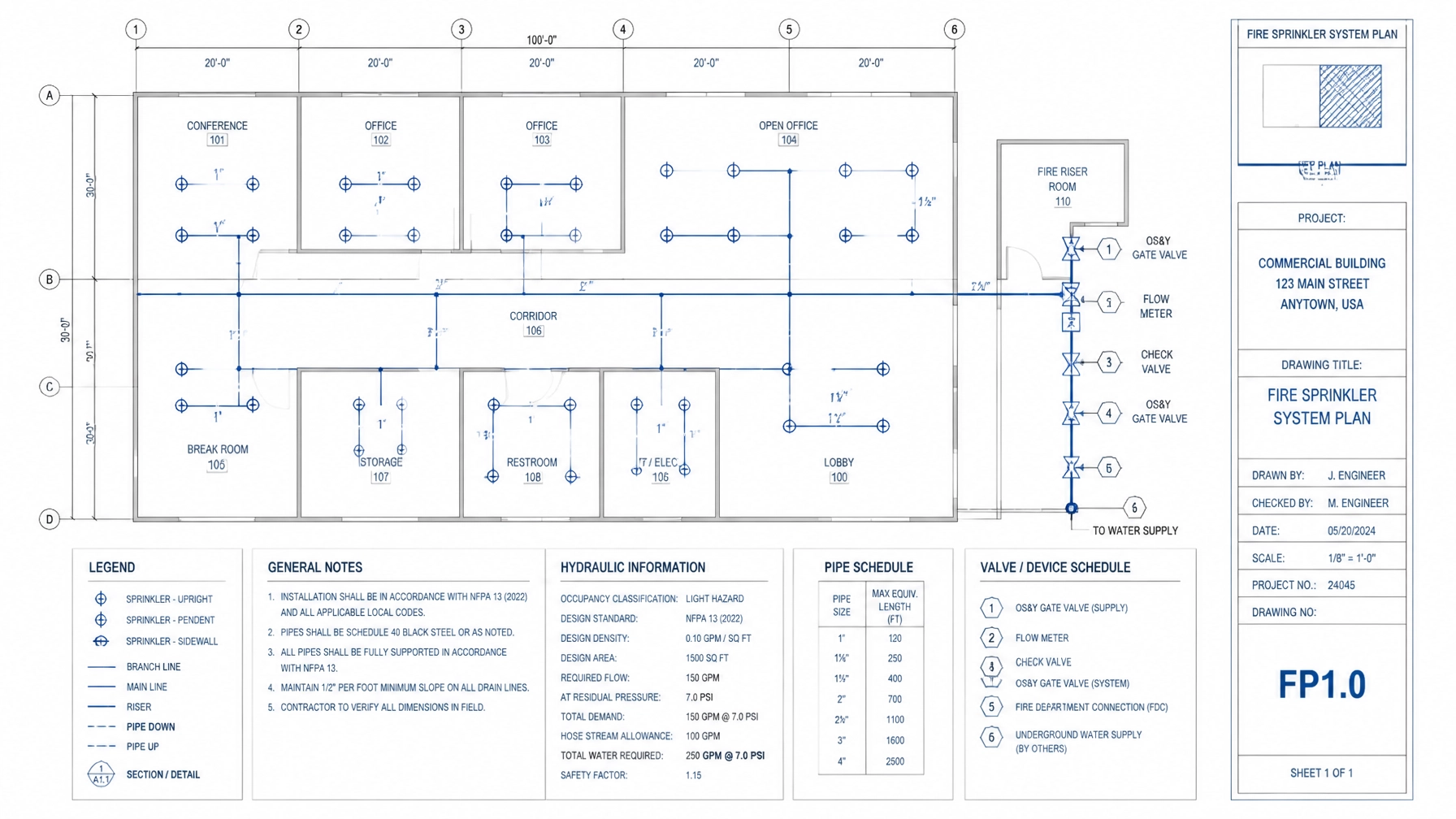 Technical drawing of a commercial fire sprinkler system design plan with pipe routing, sprinkler heads, valves, and engineering annotations.